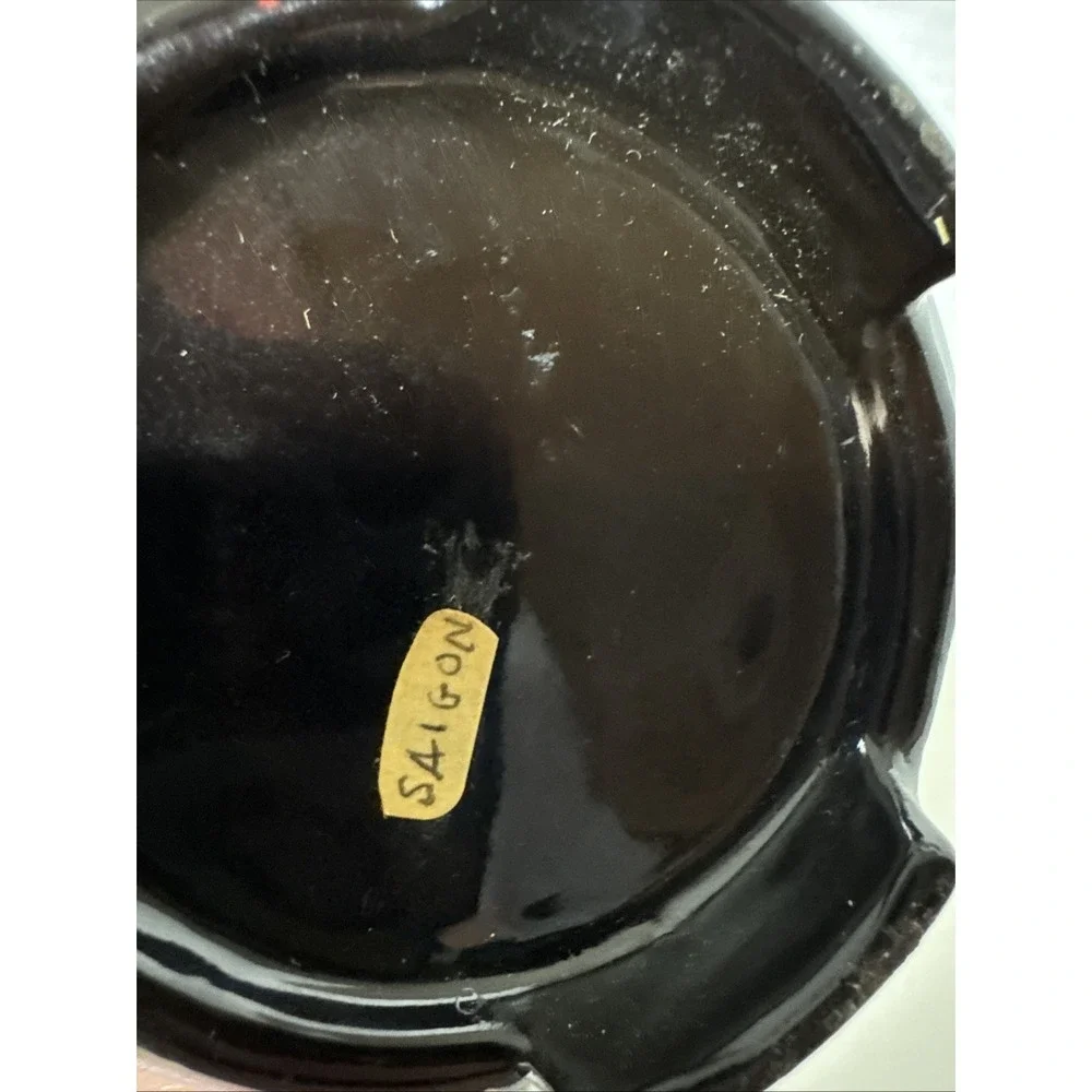 Vintage Singapore Black Lacquer Ware Lid Pot Hand Painted Koi Carp Fish